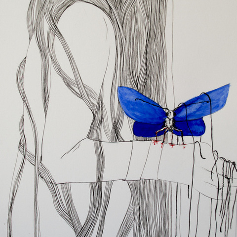 Black and white linear drawing of a human figure with a bright blue butterfly on their arm
