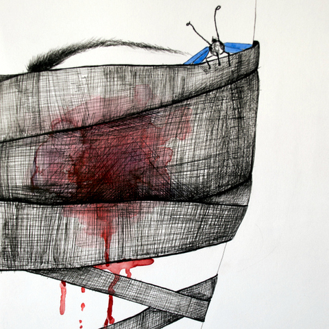 drawing of a bandaged half human face and a blue butterfly crawling from underneath