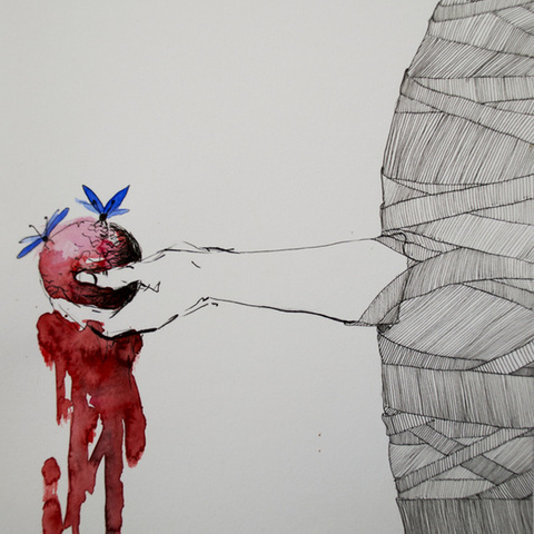 Linear drawing of a human figure holding a red apple and two blue butterflies sitting on it