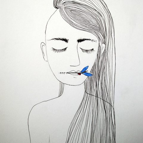 linear drawing of a human figure with a bright blue butterfly crawling from their mouth