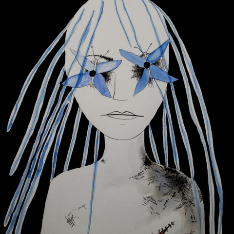 Black and white linear drawing of a human figure with two blue butterflies placed on their eyes