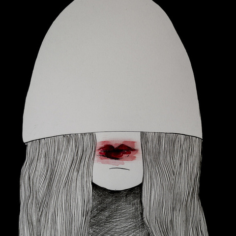 Black and white linear drawing of a human figure with a bright red lips