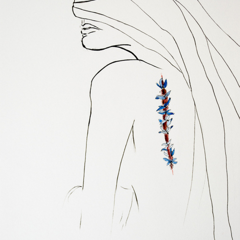 Black and white linear drawing of a human figure with a scar on their back
