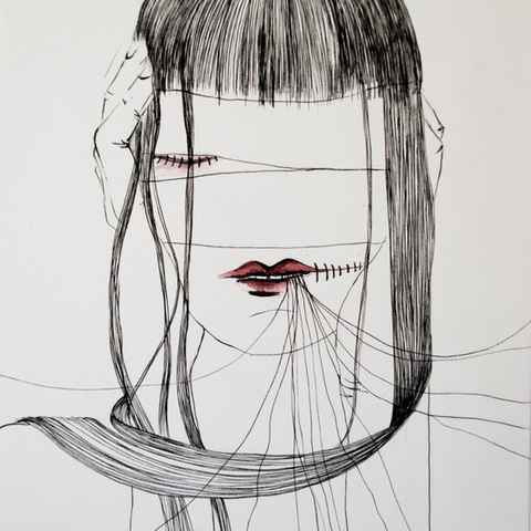 Black and white linear drawing of a human figure with lines from bright red lips