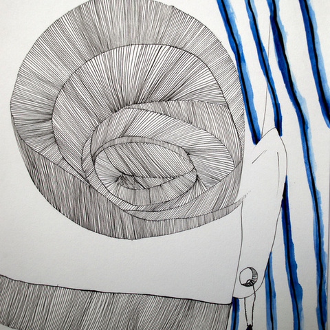Black and white linear drawing of a half human face with bright blue lines in the hair