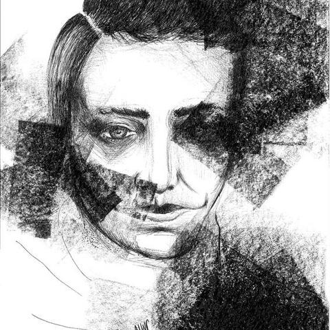 Black and white hand-drawn artwork of a person