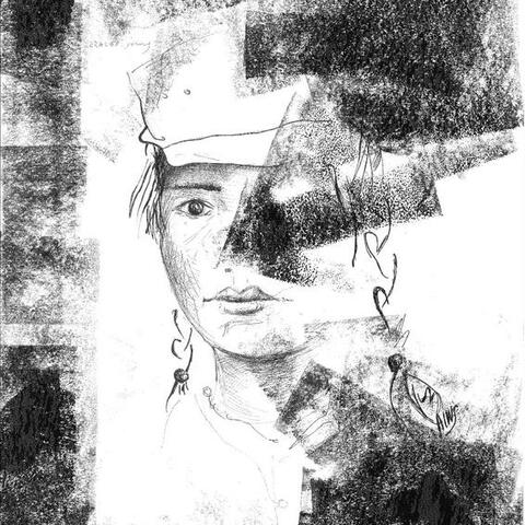 Black and white hand-drawn artwork of a person