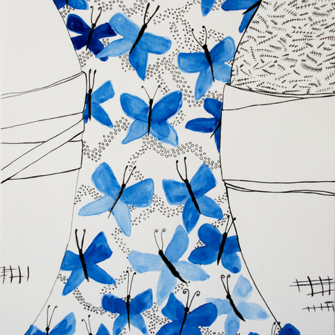 Black and white linear drawing of two human faces with a bright blue butterflies between them