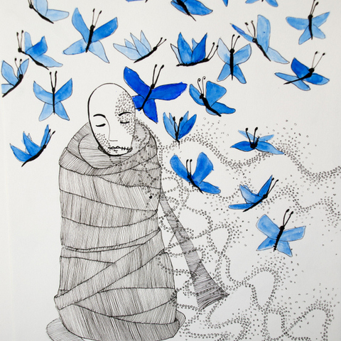 Black and white linear drawing of a human figure with a bright blue butterflies flying all around