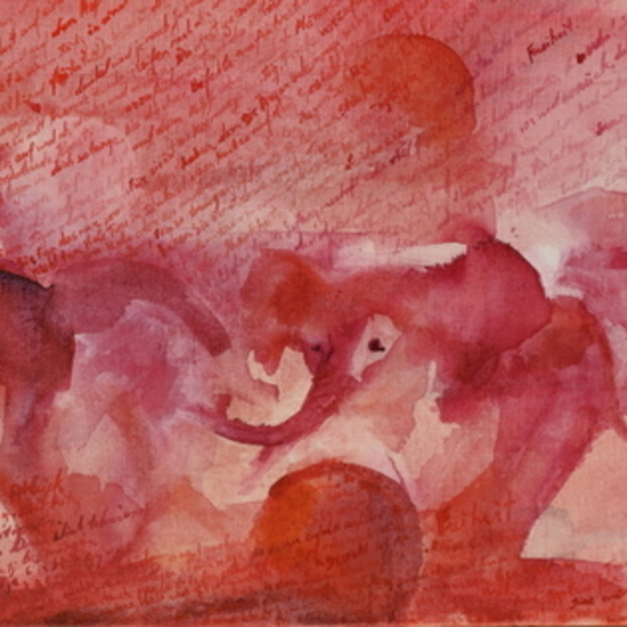 Soft watercolour pink and red artwork of three elephants