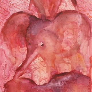 Soft watercolour pink and red artwork of four elephants