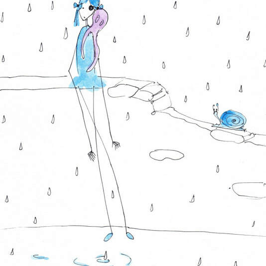 Figure drawing of a human dressed in blue sitting in a rain