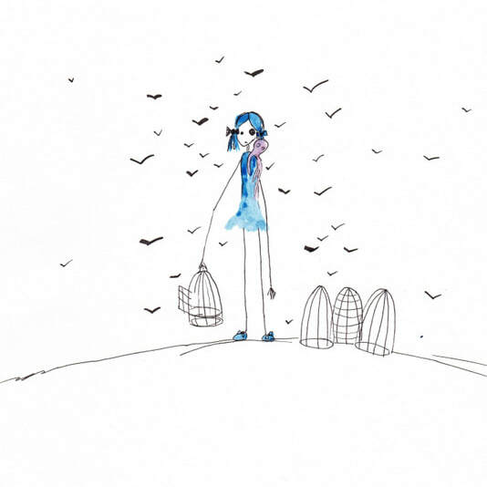 Figure drawing of a human dressed in blue releasing birds from cages
