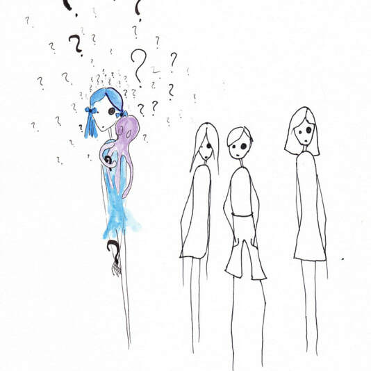 Figure drawing of a human dressed in blue surrounded by question marks and other figure drawings
