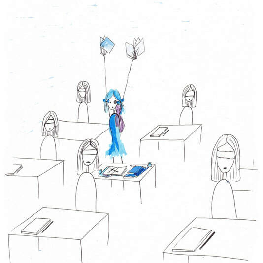 Figure drawing of a human dressed in blue standing in the middle of the classroom