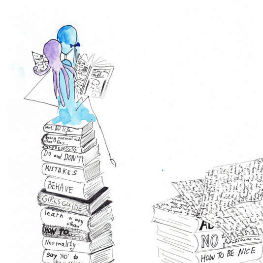 Figure drawing of a human dressed in blue sitting on a pile of books