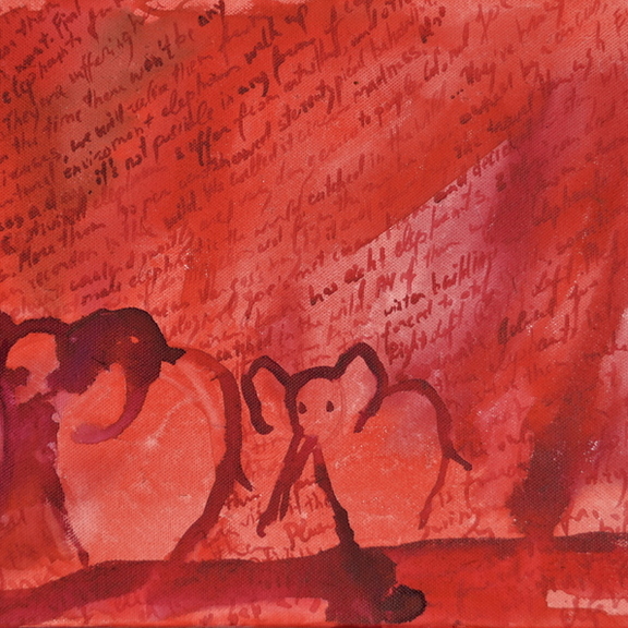 Soft watercolour pink and red artwork of two elephants