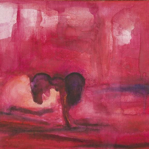 Soft watercolour pink, red and purple artwork of an elephant