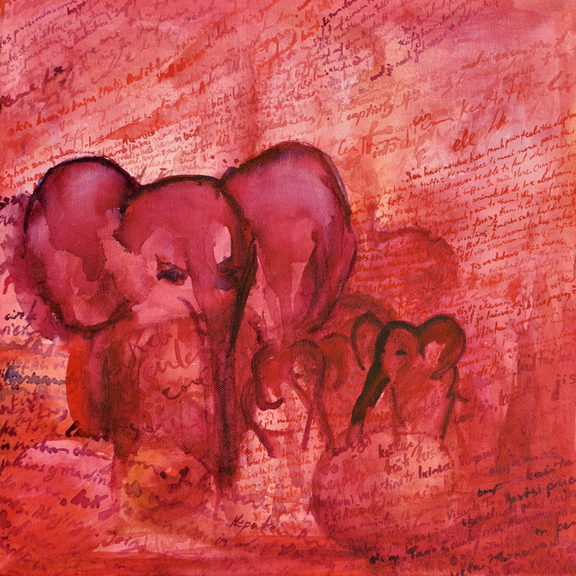 Soft watercolour pink and red artwork of two elephants