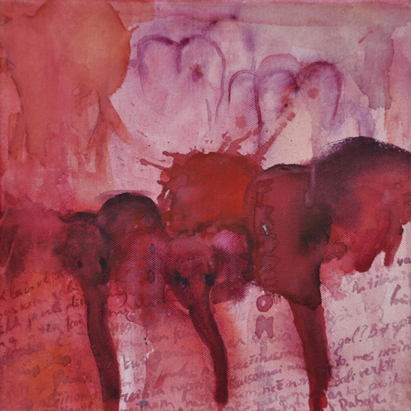 Soft watercolour pink, red and purple artwork of three elephant