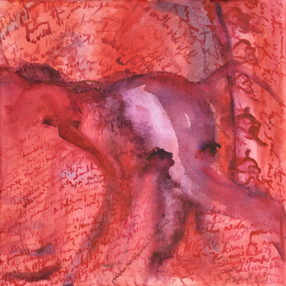 Soft watercolour pink, red and purple artwork of two elephants